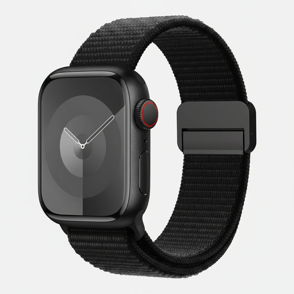 A black smartwatch with a black woven nylon sport band and a black rectangular buckle, shown on a plain white background.