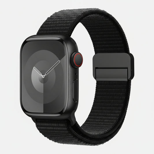A black smartwatch with a black woven nylon sport band and a black rectangular buckle, shown on a plain white background.