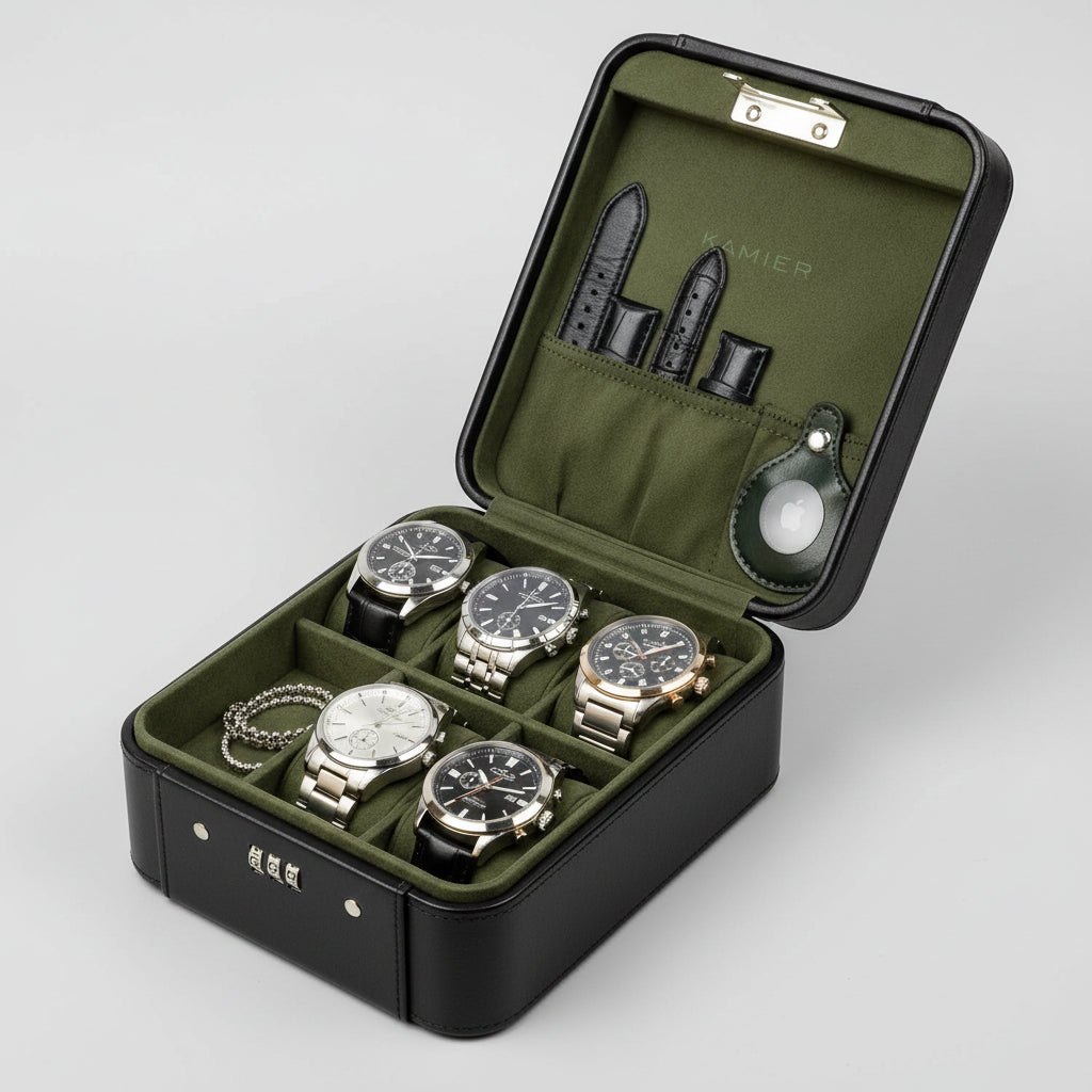 Watch Case with Combination Lock - 4 Watch Storage and Jewelry Organizer - Watch Travel Case for Ring and Watch Storage, PU Leather Travel Watch Case, Ideal for Gift (With Gift Box), Green