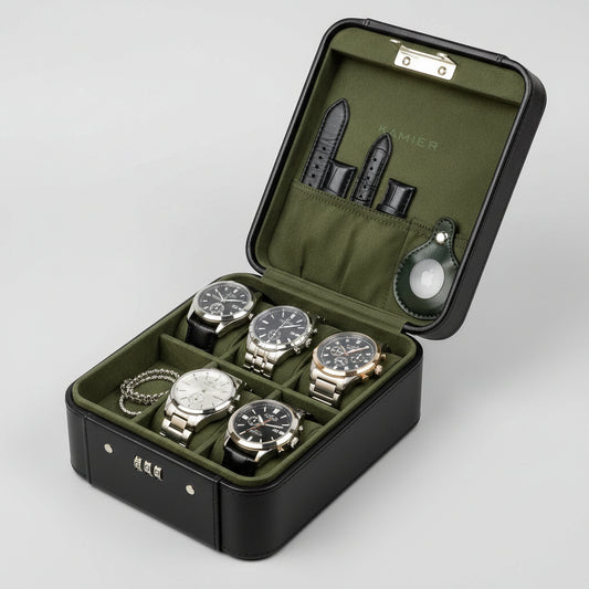 Watch Case with Combination Lock - 4 Watch Storage and Jewelry Organizer - Watch Travel Case for Ring and Watch Storage, PU Leather Travel Watch Case, Ideal for Gift (With Gift Box), Green